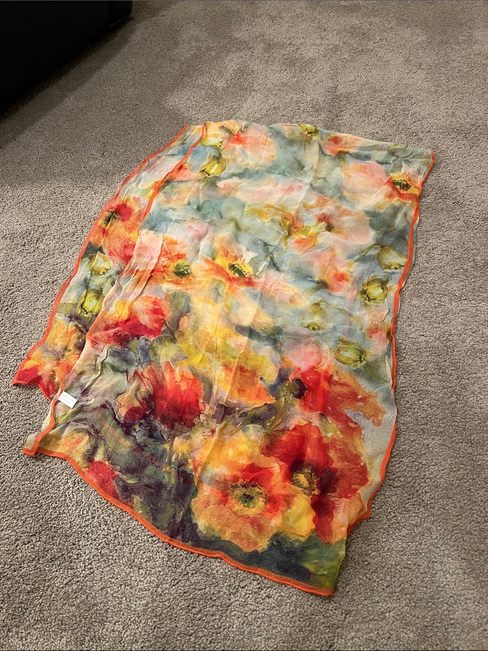 Floral Watercolor Sheer Scarf with Orange Trim